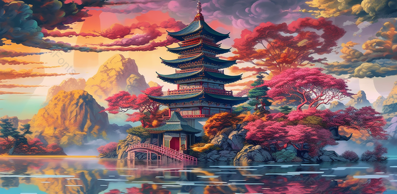 国潮古建筑水彩秋天枫树风景插画,插画/手绘图,插画/手绘图库,插画/手绘图下载,插画/手绘